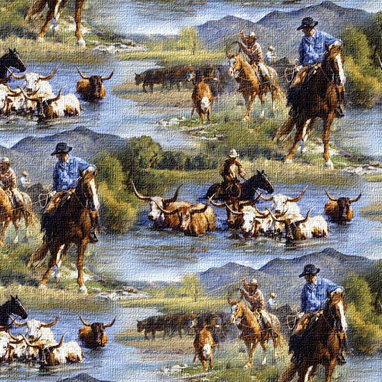 Cattle drive scene with cowboys on horseback and longhorn cattle crossing a river, set against a mountainous landscape.