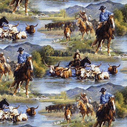 Cattle drive scene with cowboys on horseback and longhorn cattle crossing a river, set against a mountainous landscape.