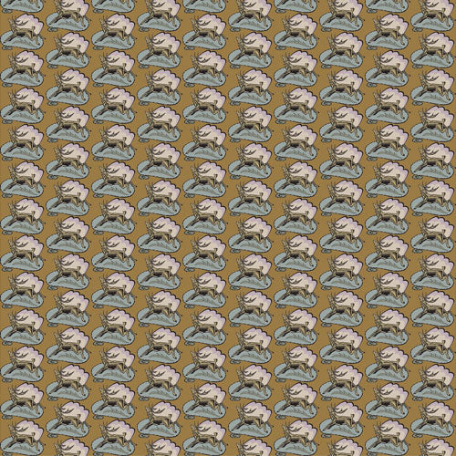 A patterned wallpaper featuring vintage-style deer illustrations on a brown background.