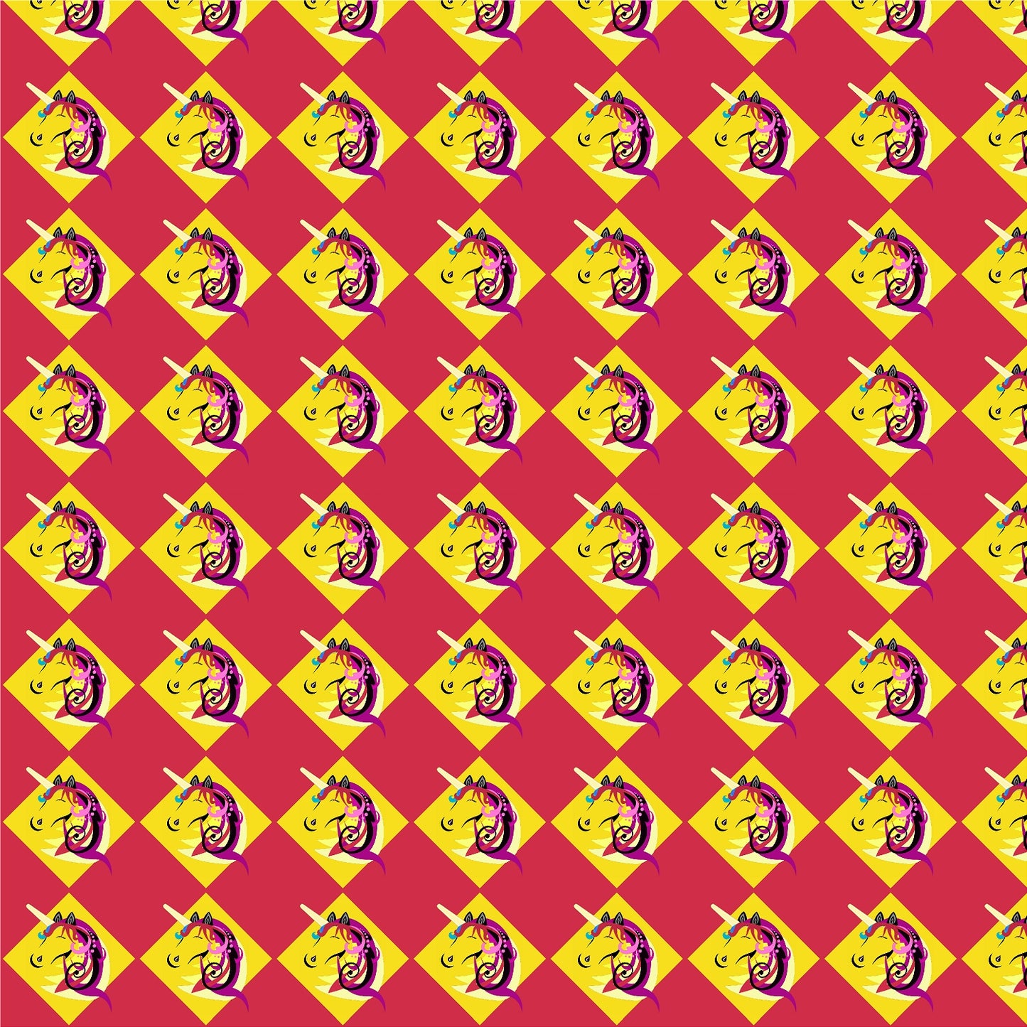 A wallpaper with a yellow and red checkered pattern featuring illustrations of unicorns.