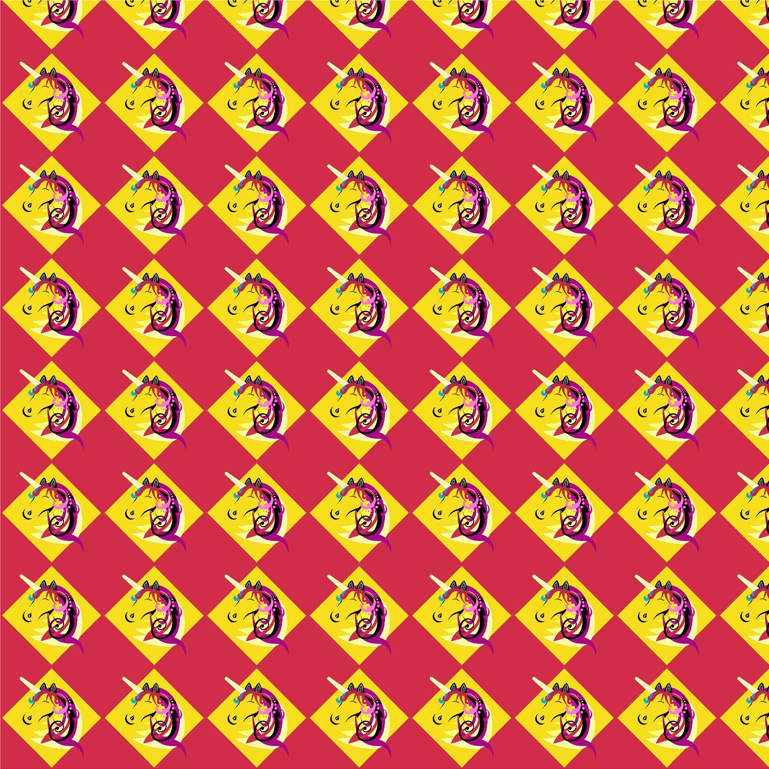 A wallpaper with a yellow and red checkered pattern featuring illustrations of unicorns.