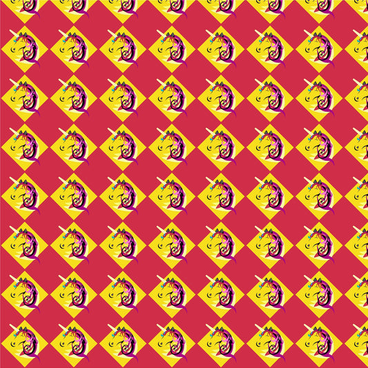 A wallpaper with a yellow and red checkered pattern featuring illustrations of unicorns.