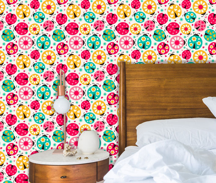 Lady Bugs and Flowers Peel and Stick Wallpaper