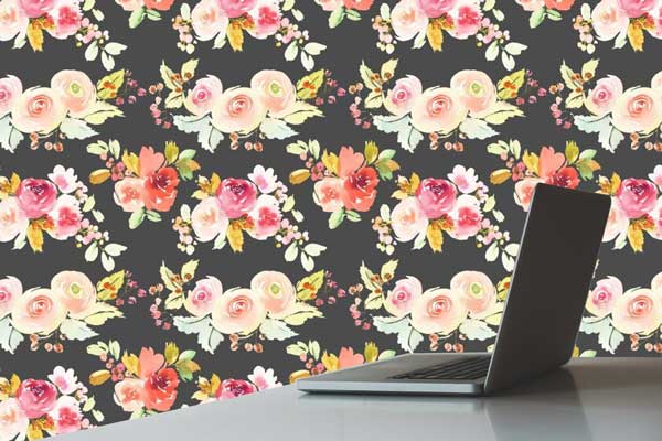 Watercolor Peonies Black Floral Peel and Stick Wallpaper office